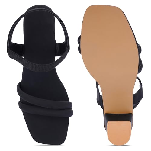 Image of SKOLL Women's Low Block Heel Strappy Sandals, Comfort Elastic Ankle Strap Open Toe Heeled Sandals, Casual Dressy Walking Sandals with Dual Front Straps