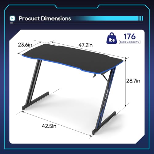 Image of BestOffice Gaming Desk Z Shaped 47 inch PC Computer Desk Computer Workstation Ergonomic Gaming Table with Headphone Hook for Game Players, Black&Blue