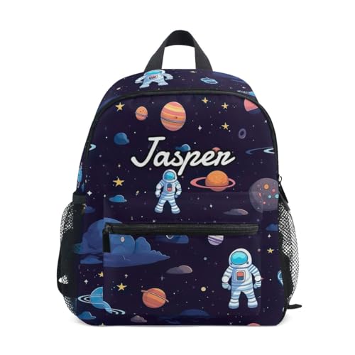 CHIFIGNO Individueller Kinder-Rucksack für Mädchen und Jungen mit Namen, niedlicher personalisierter Mini-Rucksäcke für den Schulanfang, Niedlicher Weltraum mit Astronauten, Small