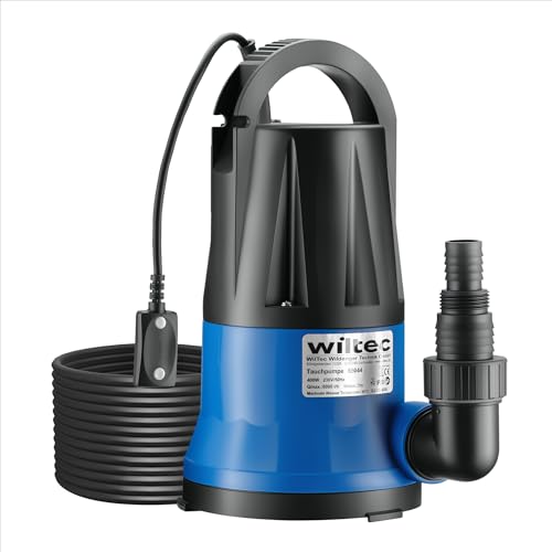 Wiltec Pompe à eau immergée à aspiration plate 400 W – Jusqu’à 1 mm – 6000 l/h – Refoulement max. 7 m, profondeur max. 7 m – Capteur de niveau d’eau –...