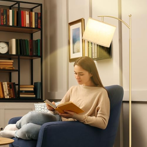 Image of Ambimall 60 inch Floor Lamp with 3 Color Temperatures, Adjustable Beige Shade, Gold Pole - Tall Lamp for Living Room, Bedroom, Office, Classroom, Dorm - 9W Bulb Included