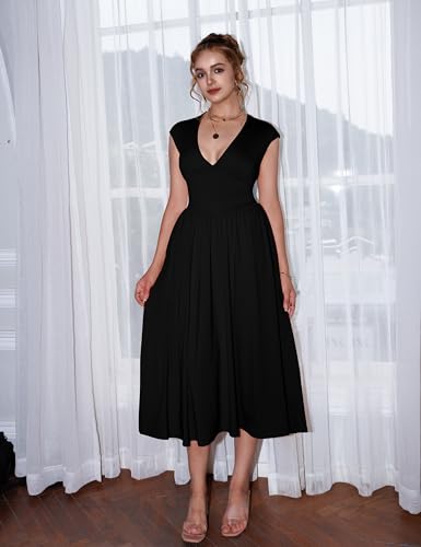 YMDUCH Women's Casual Deep V Neck Cap Sleeve Back Tie A-Line Swing Midi Dress with Pockets4
