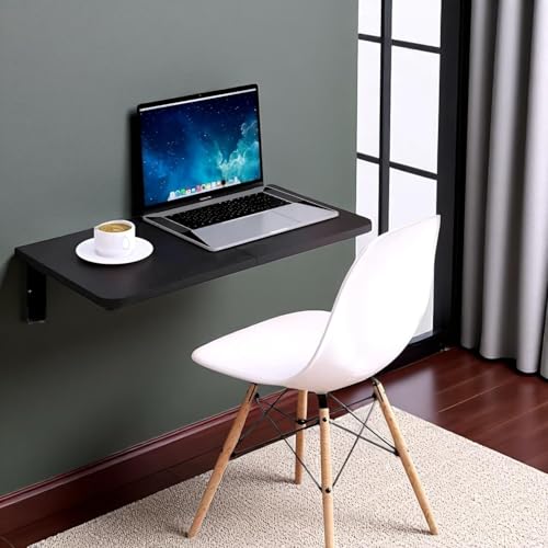 Image of Floating Desk for Home, Office, Study, Kitchen, and Dinner Computer Bar Laundry Room Wall Mounted Folding Table Wall Mounted Folding Desk for Space Saving (Black 2)