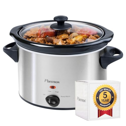 Bestron Olla de Cocción Lenta de Cerámica y Tapa de Vidrio, 3,5 Litros, 180 Vatios, Acero Inoxidable