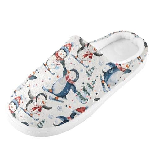 Fuzzy Memory Foam Slippers for Women/Men Watercolor Penguin Snowman Pattern Fluffy Winter House Shoes Indoor and Outdoor