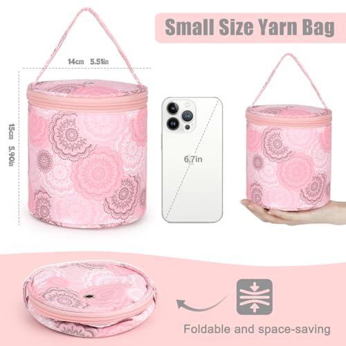 Image of Katech Mini Yarn Storage Bags, Portable Yarn Bag for Crocheting with Holes Organizer Crochet Thread Sewing Accessories Storage Tote Bag for Carry Crochet Hooks Skein Yarn (Pink Floral)