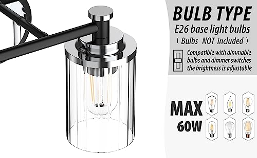 Image of Bathroom Lighting Fixtures Black and Chrome Bathroom Vanity Light with Cylindrical Clear Stripes Glass Lampshade E26 Socket Base Bathroom Lighting Fixtures Over Mirror (4 Lights)