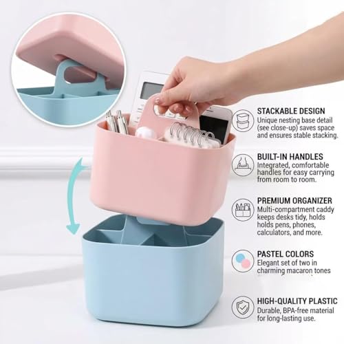 Image of Stackable Portable Handheld Organiser, Multi-Purpose Desktop Divider Organiser Basket for Crafts or School Supplies Desk, Office, Stationery Pencil Holder, Dorm Room(Blue)