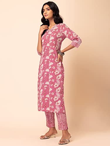 Image of Indya Women Pink Floral Jaal Print Cotton Kurta And Printed Pants (Set of 2)