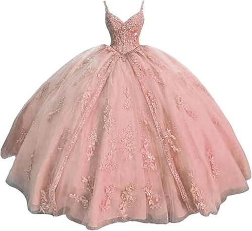 TSxuelian Vestidos de Quinceañera con Tirantes Espagueti para Mujer Vestido de Gala con Apliques de Encaje Dulce 16, Rubor, 38