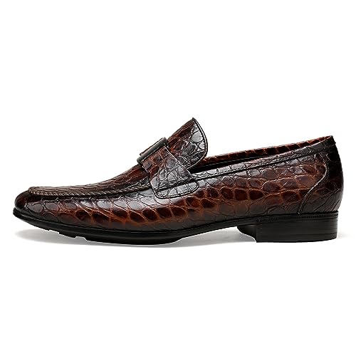 Image of Mens Leather Penny Loafers, Classic Crocodile Printed Business Dress Shoes with Metal Buckle Slip on Penny Shoes for Mens