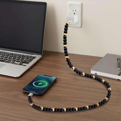 Image of Stylish Beaded Phone Charger Cable Colors USB Charging Cord for Smartphones (4-1, Black & Gold, 6.6ft)