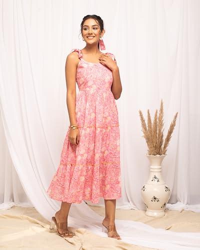 Image of FIORRA Women's Fit And Flare Knee Length Cotton Block Printed Western Knee-Length Dress