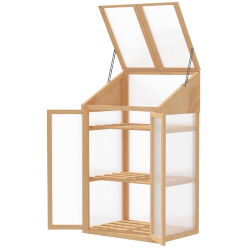 Outsunny Invernadero de Madera Invernadero de Jardín con 2 Puertas 3 Estantes Paneles de Policarbonato y Tapa Abatible para Cultivo Plantas en Huerto Patio 70x50x120 cm Natural