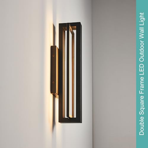 Image of Tarentlight Double Square Frame Outdoor LED Wall Light, 15 Inch Textured Black Wall Sconce, Sleek Modern Light Fixture, Integrated LED 3000K 16W, Outside Lights for Patio, Porch, Front Door or Garage