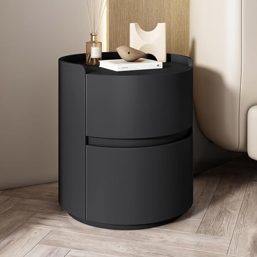 Modern Round Nightstand with 2 Drawers - Minimalist Bedside Table in Dark Gray, Leather Accents, Solid Wood Construction, Perfect for Bedroom or Living Room (17.7"x17.7"x19.7")