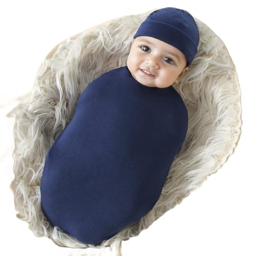 Image of Galabloomer Newborn Swaddle Blanket with Beanie Set Baby Boy Receiving Blanket Navy Blue