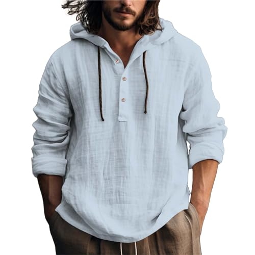Camisa de Lino con Capucha para Hombre | Manga Larga con Cordón | Camisa de Verano para Playa con Ajuste Regular y Botones