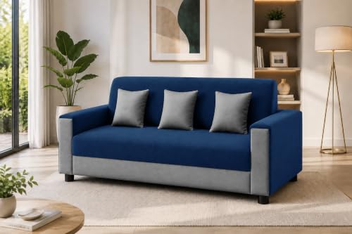 Image of 3 Seater Wooden Sofa | Velvet Fabric Couch with Cushions | Comfortable Living Room Sofa | Sturdy Wooden Frame | Home & Office Furniture | Blue & Grey