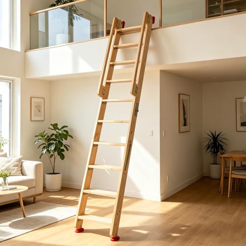 Image of 8.2ft Folding Wooden Loft Ladder, 10 Steps Rolling Library Ladder with Dual Handrails, Industrial Style SolidWood Step Ladder, Portable Loft Attic Ladder, 660LBS, for Attic, Warehouse, Library