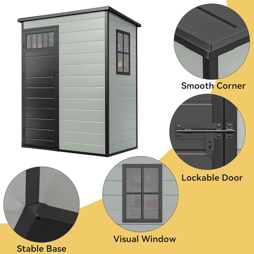 Image of DWVO 5x3FT Outdoor Storage Shed with Fence-Style and Side Windows, Floor, Lockable Doors, Plastic Storage for Backyard and Garden, Blue-Gray