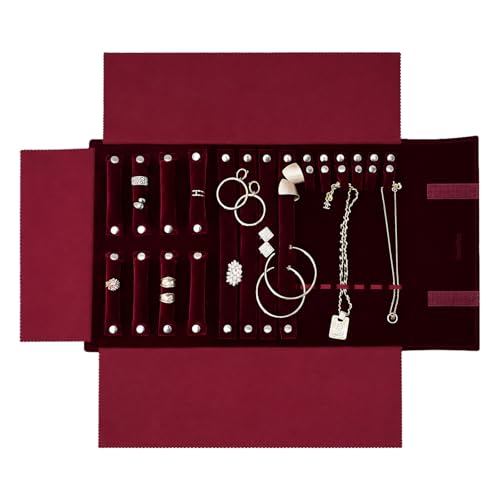Image of UnionPlus Velvet Jewelry Case Roll Bag for Necklace Bracelet Earrings Rings Multi-compartments, Great Jewelry Organizer for Travel, Burgundy
