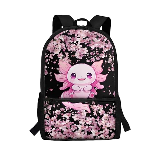 Yzaoxia Axolotl School Backpack for Girls Pink Kids Girls School Bags 10-12 Years Old Cherry Blossom Bookbags with Adjustable Straps