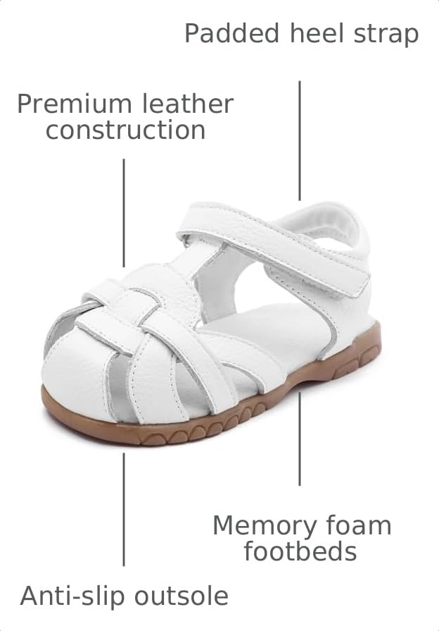 Image of Femizee Toddler Girls Leather Dress Sandals with Adjustable Strap | Toddler /Little Kids, Leather upper, Cushioned footbed, Hook-and-loop, Flexible Sole, Dressy summer occasions, Princess-style