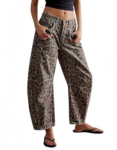 Womens Barrel Jeans Leopard Mid Rise Baggy Jeans for Women Vintage Wide Leg Loose Y2k Trendy Boyfried Mom Denim Pants