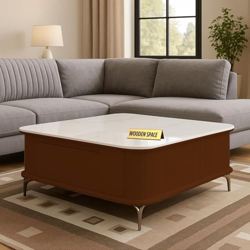 Image of WOODEN SPACE Premium Solo Marble-Top Wooden Center Table for Living Room | Iron Legs | PVD Coating | Modern Entryway Furniture | Coffee Table (Brown)