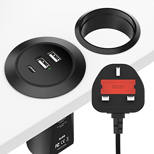 3-Port Type C Desktop Charge, GeeRic 45W USB Desk Power Grommet with 2 Different Size Ring to Match Table Extension Flush Mount Desktop Charger 1.4M Cable for Office Home…