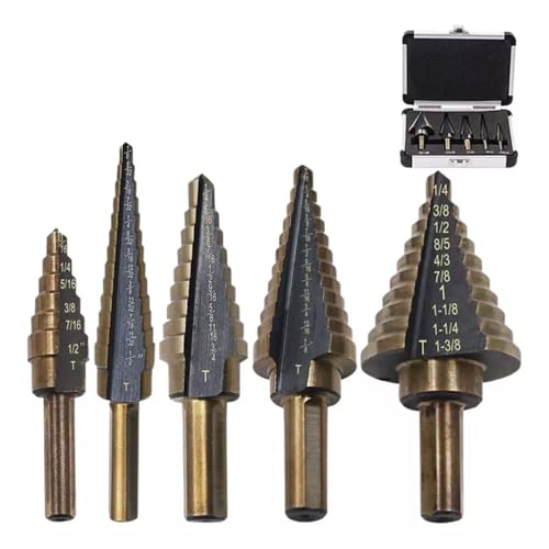 Conjunto de 5 Brocas Escalonadas Cônicas em Titânio, 50 Medidas Diferentes, Estojo Organizador