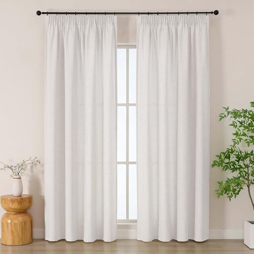 Simplebrand Cortinas beige con cinta fruncidora en aspecto de lino para riel, juego de 2 unidades, 220 x 140 cm, cortinas semitransparentes bohemias para salón y dormitorio con ganchos para rieles