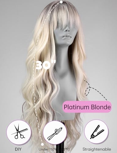 WOKESTAR Long Wavy Platinum Blonde with Dark Roots Wigs for Women Heat Resistant Natural Hair with Fringe - Image 4