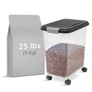 IRIS USA 25 Lbs / 33 Qt WeatherPro Airtight Pet Food Storage Container with Attachable Casters, For Dog Cat Bird and Other Pet Food Storage Bin, Keep Fresh, Translucent Body, Easy Mobility, Black