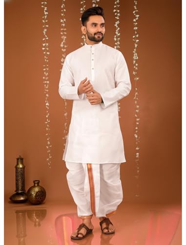 Image of UNIQUE MOMENTS Men's Cotton Dhoti Kurta Set with Full Sleeves Solid Pattern Modern Style and Mandarin Collar Neck | Perfect for Puja & Celebrations