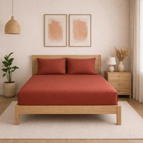 Image of THE HOME STYLE Solid Plain Cotton Feel Fitted Bedsheet (72x78 inches) with Reversible Comforter (90x100 inches) | King Size | 2 Pillow Covers | 300 TC | 4-Piece Bedding Set (Terracotta)