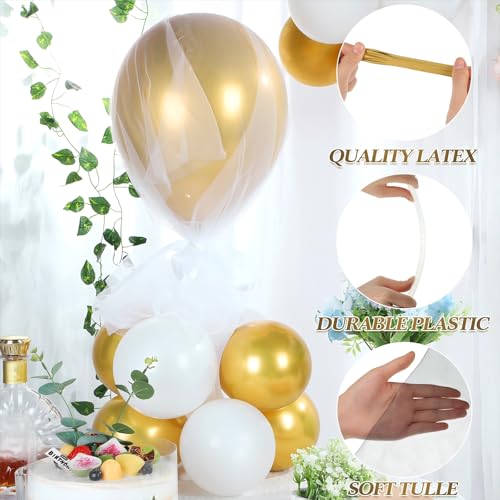 Image of BBTO 8 Set Gold and White Table Centerpieces Balloons Stand Kit, Latex Balloons and Table Stand Holder with Base Tulle for Wedding Birthday Grad Prom Centerpieces Party Back to School Baby Shower