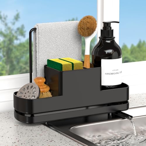 ISWUJIA Kitchen Sink Caddy Organiser,kitchen Sink Organiser,Sponge Holder for kitchen Sink Diversion Drainage,Sponge Holder with Removable Drain Tray,Dishcloth Hanger and Brush Drainer Rack