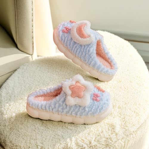 Women's Cute Star Moon Slippers with Bow Plush Cozy Warm Indoor House Shoes for Winter3