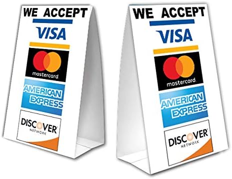 We Accept Credit Cards Table Tent with UV Coating - MasterCard, Visa, Discover, American Express - 2 Pack