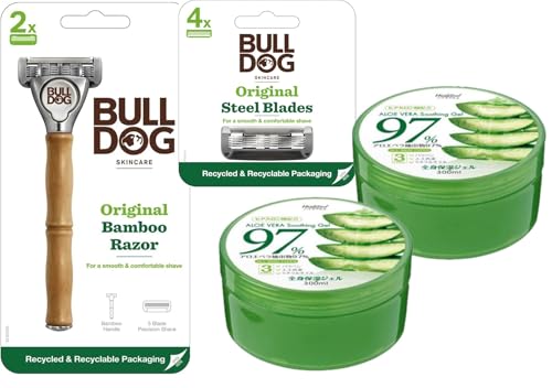【 美肌 4点SET 】 メンズ カミソリ 5枚刃 天然竹ハンドル + 替刃 計6コ & アロエ97% スージングボディジェル 300ml×2コ | Bulldog × ハイジドルフ メンズ美肌ケア