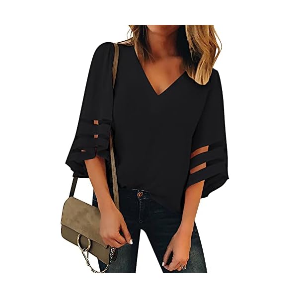 LookbookStore Women Tops for Summer 2023 Ladies Tops and Blouses Bell Sleeve Tops for Women Black Tops for Work Business 3/4 Sleeve Tops Womens Tops Dressy Casual Going Out Tops Size Large Size 12 14