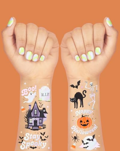 xo, Fetti Halloween Temporary Tattoos - 50 Iridescent Styles | Spooky Decorations, Kids Party Accessory, Haunted House Theme Favor, Trick or Treating Gift