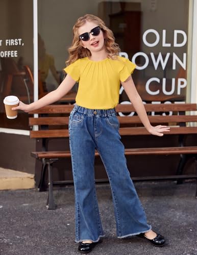 Image of Arshiner Girls T Shirts Ruffle Short Sleeve Summer Pleated Crewneck Casual Tops Tees Blouses