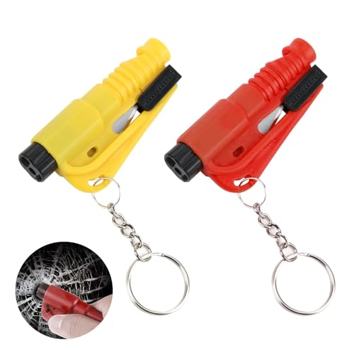 CAISYE 2 Unidades Rompe Cristales y Cinturones - Llavero de Emergencia 3 en 1 - Rompe Cristales, Cortador de Cinturones de Seguridad, Silbato de Supervivencia - Herramienta de Rescate para Coche