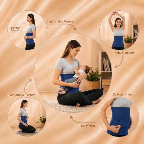 Image of Amazon Brand - Solimo 3-In-1 Postpartum Belly Band Post Pregnancy Abdominal Belt After Delivery Waist & Pelvis Slimming Shapewear Tummy Reduction (Free Size) (Navy Blue)