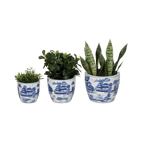 Sagebrook Home Set of 3 Ceramic Stoneware Planters Decorative Indoor & Outdoor Flower Pots Traditional Design Home & Garden Plant Containers with Drainage Blue and White 6/8/10