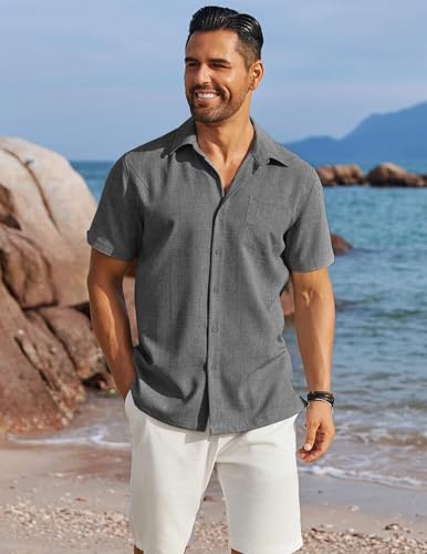 Image of COOFANDY Men's Button Down Shirts Short Sleeve Casual Shirts Summer Beach Linen Shirts with Pocket