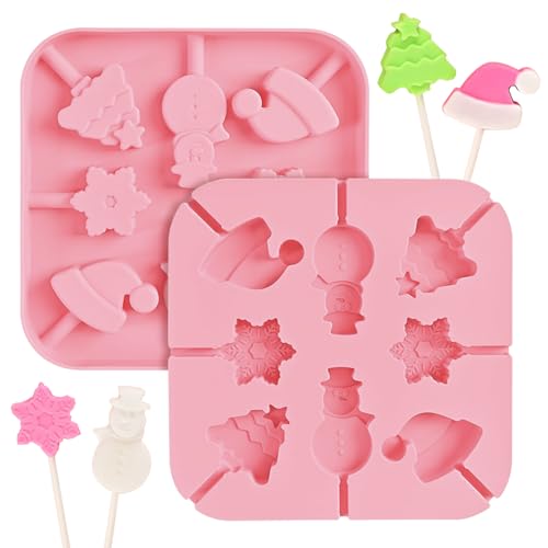 2 Stück Silikonformen für Lutscher,Weihnachten Silikonform,16 Mulden,Wiederverwendbare Lutscherformen Mould,mit Form von Weihnachtsbaum/Weihnachtshüte/Weihnachtsmann/Schneemänner (pink)